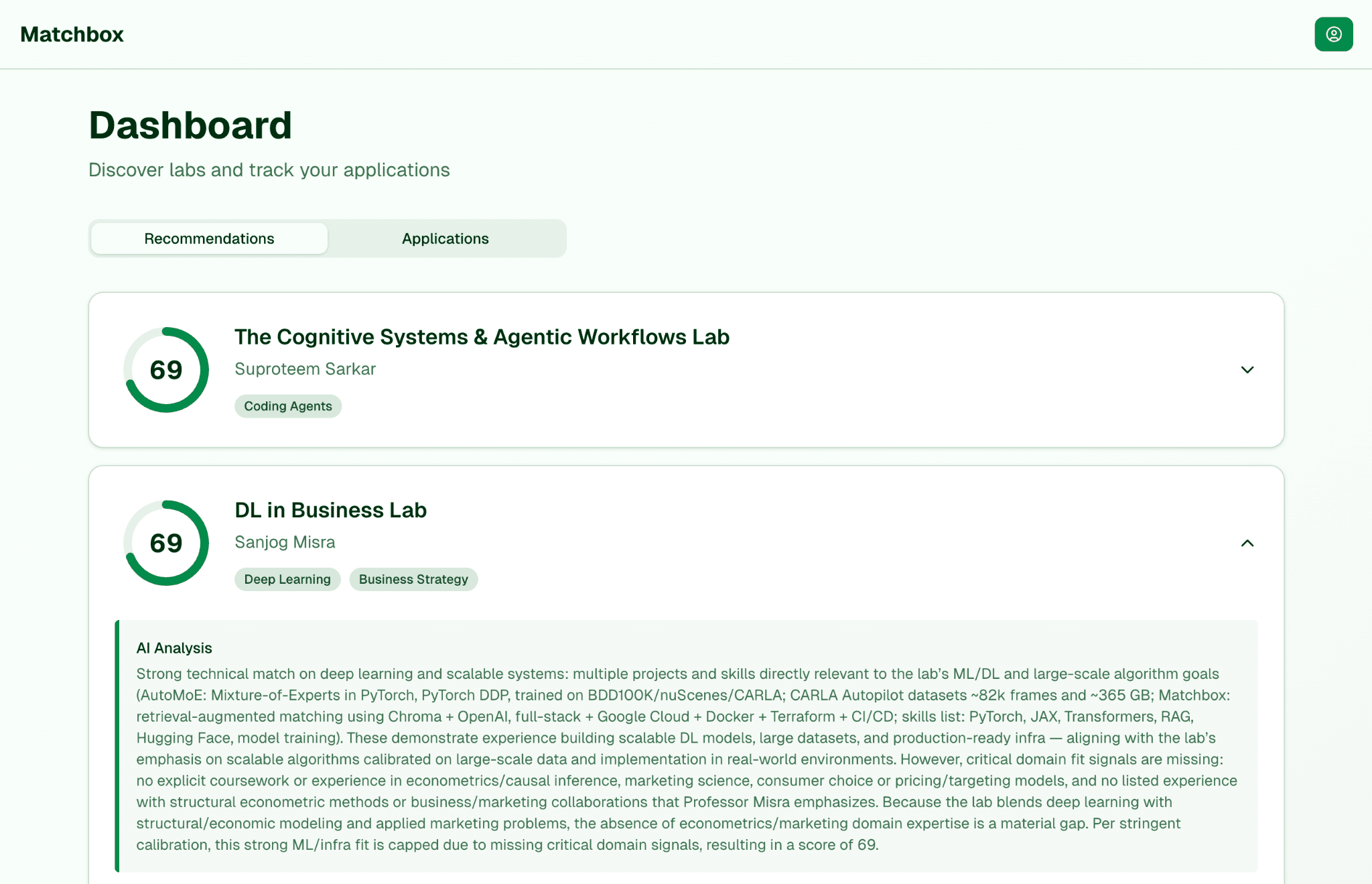 Student Lab Recommendations View